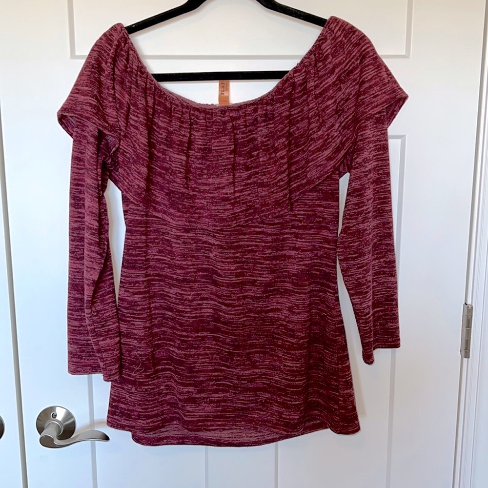 Burgundy Ruffle Off-Shoulder Sweater - Picture 2 of 3